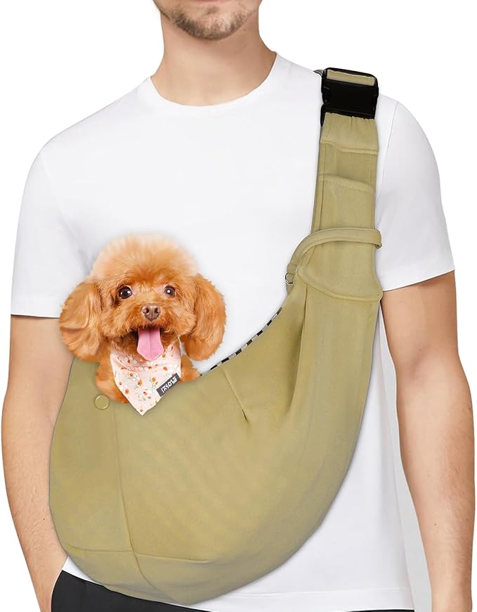 PETLOFT Reversible Dog Cat Sling Carrier, Small Dog Carrier, Adjustable Dog Sling, Hands Free Cross Body Carrier with Collar Hook for Dog/Cat/Bunny up to 11lb(Khaki)