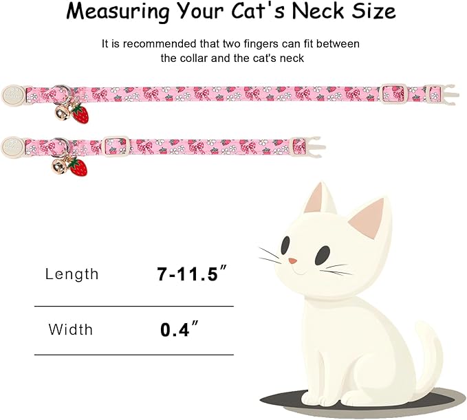 2 Pack Strawberry Cat Collars - Cute Girly Pink Breakaway Cat Collar with Bell & Matching Pendant, Adjustable Spring Summer Sweet Garden Kitten Collars for Girl Cats