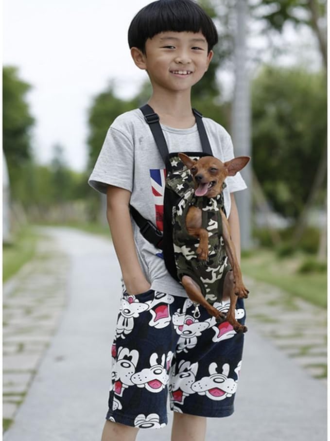 Pet Dog Puppy Cat Carrier Five Holes Backpack Double Shoulder Straps Canvas Cotton Front Chest Backpack Bag(Camouflage, Large)