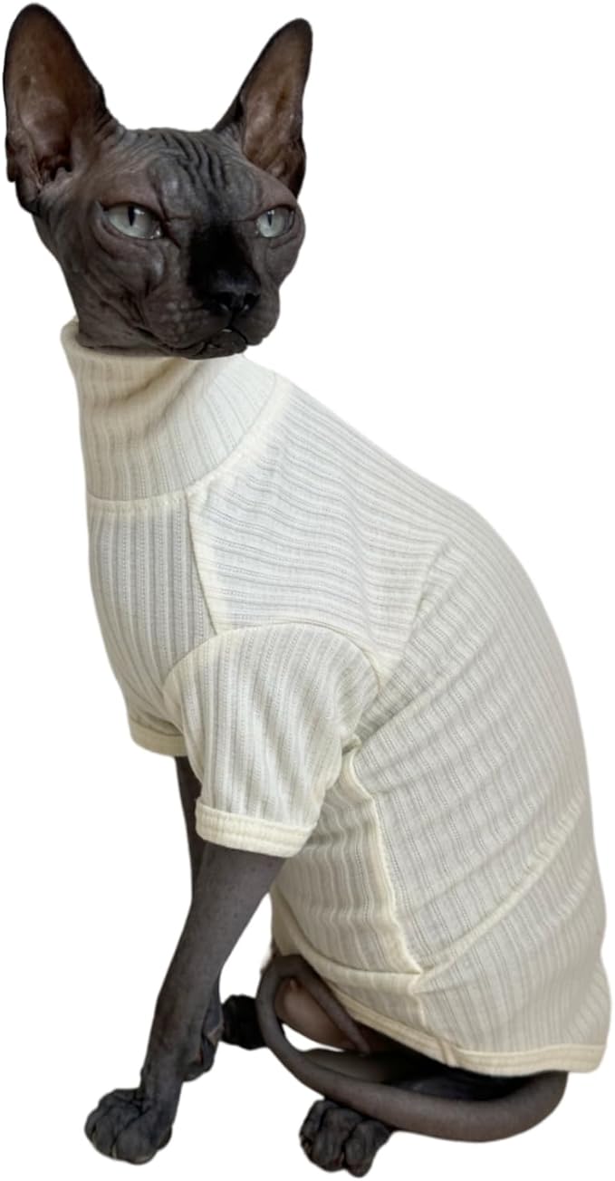Sphynx Cats Shirt Cat Turtleneck Cotton Sweater Pullover Kitten T-Shirts with Sleeves Cat Pajamas Jumpsuit for Sphynx Cornish Rex, Devon Rex, Peterbald (White, Small)