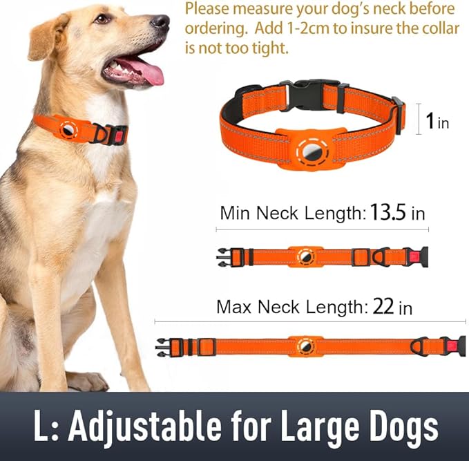 Airtag Dog Collar with AirTag Holder for Large Dogs, Reflective, Soft Padded & Safety Locking Buckle, Nylon Pet Collars Adjustable for All Breeds, Orange,L