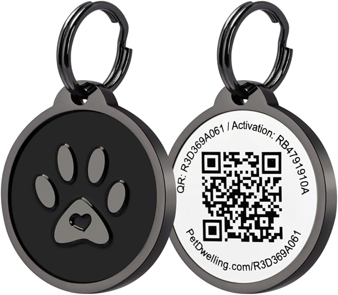 Pet Dwelling QR Code Pet ID Tag – Smart Dog & Cat ID Tags for Pet Safety, Free Personalized Online Profile, Instant Scan Alerts, AI Insights (Lux Black Paw)