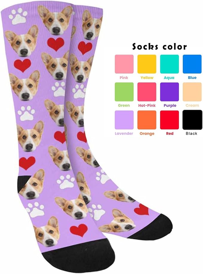 Custom Face Socks, Personalized Dog Lover Pet Photo Picture on Socks Unisex Athletic Crew Socks for Men Women