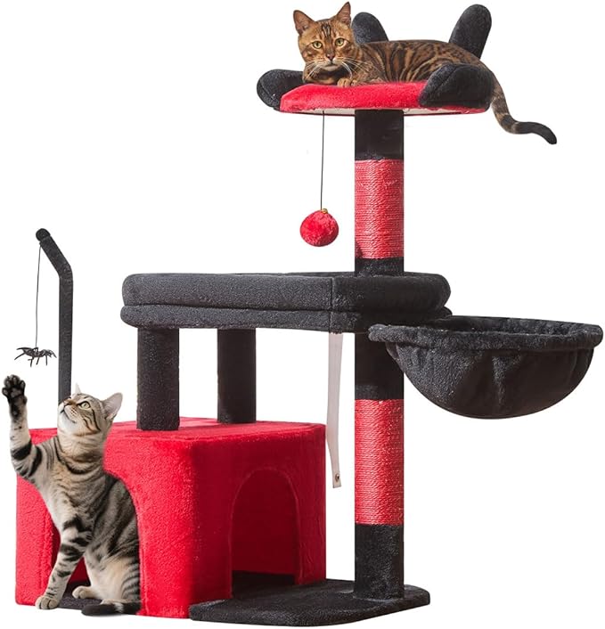 Taoqimiao MS043BR Cat Tree, 32.2-Inch Cat Tower for Indoors Cats, Cat Condo with Large Cat Perch, Spacious Cat Cave, Scratching Posts for Small and Medium Cats, Black and Red