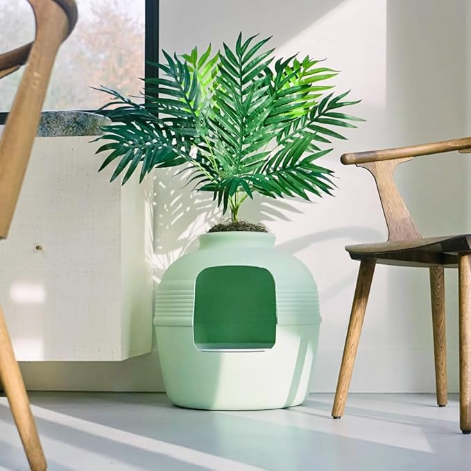 Good Pet Stuff Hidden Litter Box Planter, Decorative Cat Litter Enclosure with Carbon Filter, Artificial Plant, Easy Clean, Removable Liner, Round Style, Essentials Kit, Sage Green