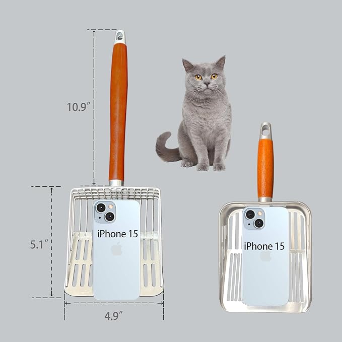 Designed for Deep Litter Boxes, Long Handle Metal Cat Litter Scoop with Holder, Keeps Hands Clean and Away from Odor, Stainless Steel