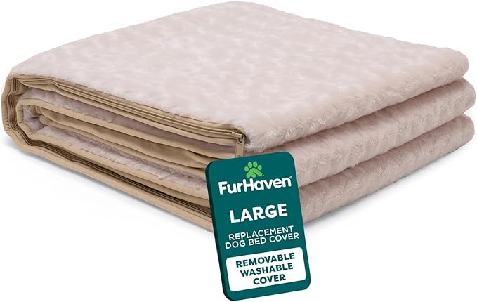 FurHaven Replacement Dog Bed Cover, Contour Luxe Lounger Design, Soft & Breathable Fabric for Cozy Comfort, Machine Washable, Large, Ultra Plush Faux Fur & Suede, Cream