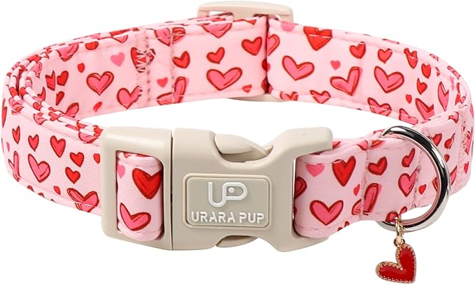 Valentine's Dog Collar, UP URARA PUP Pink Heart in Red Adjustable Pet Collar with Bowknot Charm, Wedding Dog Accessories for Small Medium Large Dogs