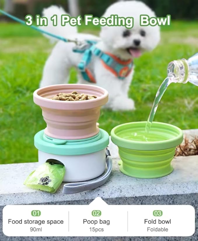 3 in 1 Collapsible Dog Bowl. Treat Container, Poop Bag Holder with 1 Roll Poop Bags – Practical Silicone Dog Bowl – Durable Pet Bowls for Travel Essentials, Daily Walks (Violet)