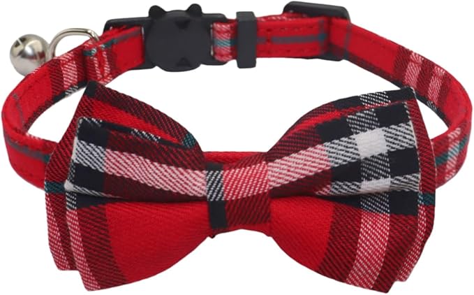 THAIN Cat Collar Breakaway with Bell and Bow Tie Safety Buckle Red Plaid Pattern Adjustable 7-11 inches for Kitten Cats(Red Plaid)