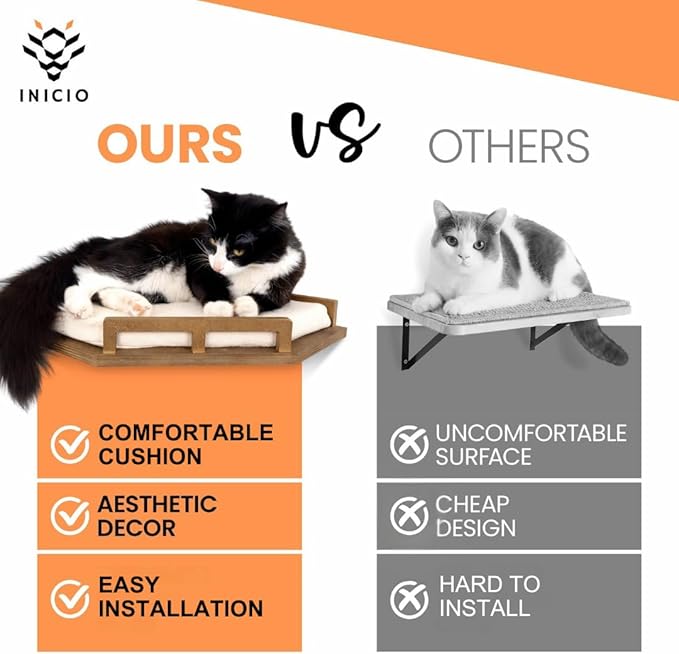INICIO Cat Wall Shelves - Safe and Sturdy Cat Wall Furniture - Stylish Natural Wood Corner Shelf with 3 Steps for Cats up to 15lbs - Cushioned Perch and Stairs for Climbing and Playing - Dark Brown