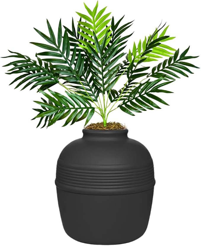 Good Pet Stuff Hidden Litter Box Planter, Decorative Cat Litter Enclosure with Carbon Filter, Artificial Plant, Easy Clean, Removable Liner, Round Style, Essentials Kit, Matte Black