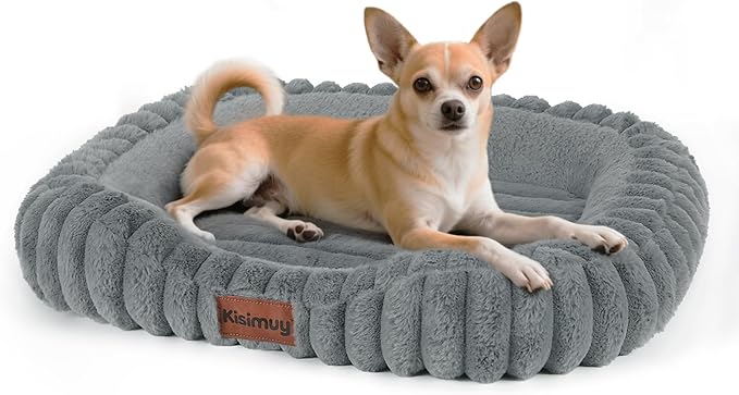 Orthopedic Dog Bed for Small Medium Dogs & Cats - Soft Furry Puppy Bed with Removable Washable Cover & Anti-Slip Bottom, Calming Rectangle Cat & Puppy Bed for Indoor Pets, 25x21x4inches, Grey