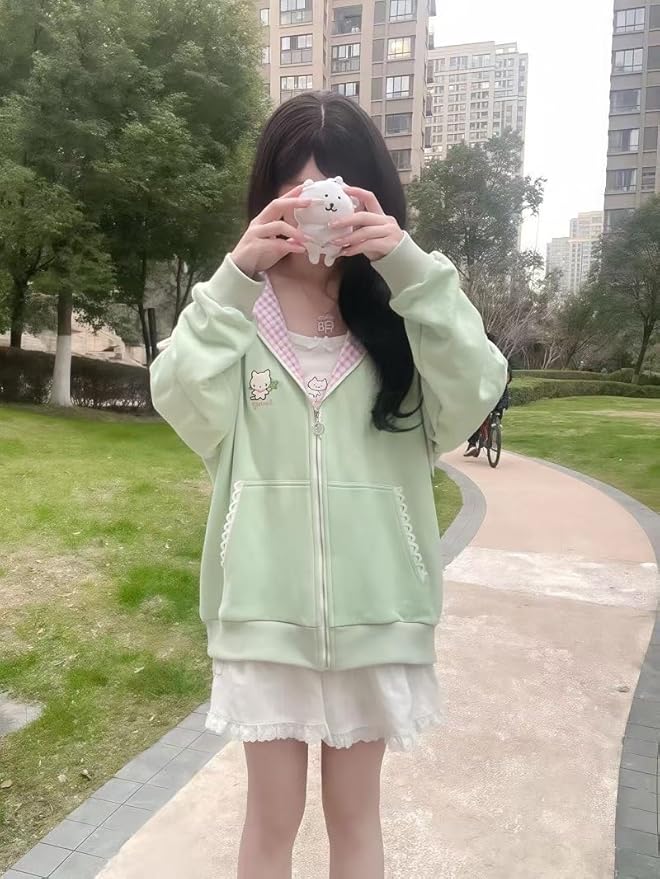 Womens Y2K Zip Up Cute Graphic Hoodies Cat Ears Casual Cartoon Harajuku Kawaii Clothes Oversize Streetwear Jacket