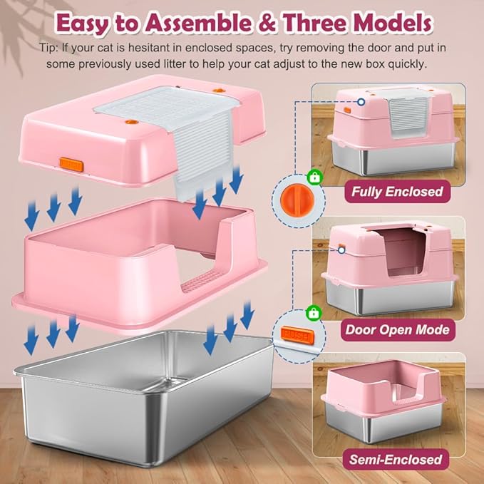 Vivifying Pink Stainless Steel Covered Cat Litter Box – Odor-Control, Easy-Clean Modular Enclosed Kitty Toilet, Elegant Design for Stylish Cat Moms