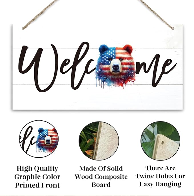 Welcome Sign for Front Door, Welcome Decor Wooden Hanging Sign for Wall Decor, American Bear Pattern Hanging Signs, Funny Wooden Outdoor Front Door Decoration 13.8X6.9 inches