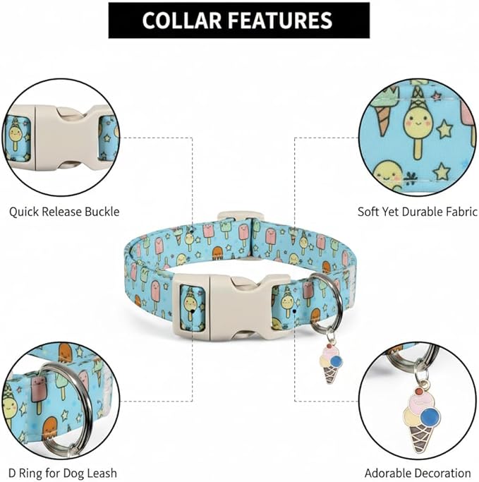 Small Dog Collar, Cute Dog Collar with Ice Cream Print and Charm for Girls Boys Dogs, Adjustable Blue Pet Collar for Small Dogs, Spring Summer Design Collar, S