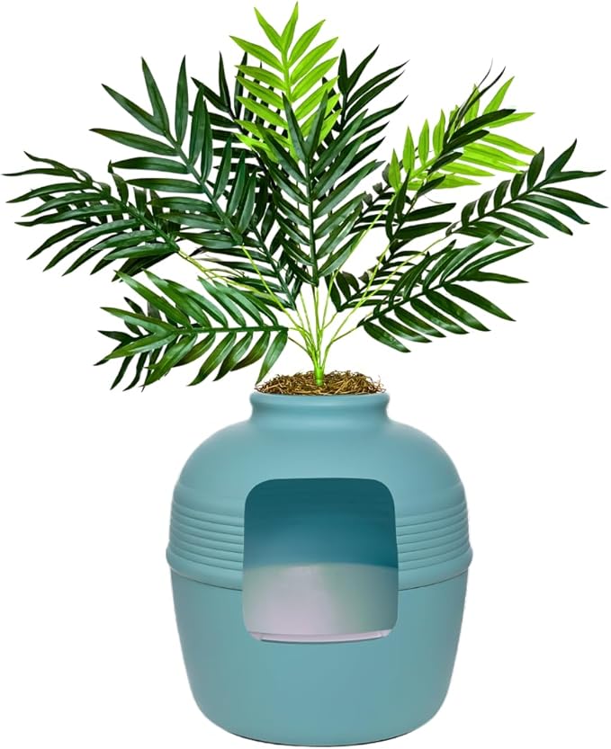 Good Pet Stuff Hidden Litter Box Planter, Decorative Cat Litter Enclosure with Carbon Filter, Artificial Plant, Easy Clean, Removable Liner, Round Style, Essentials Kit, Coastal Blue