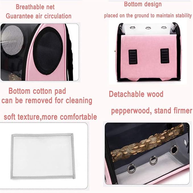 Bird Carrier Clear Parrot Outing Backpack APET Transparent Acrylic Bird Travel Carrier Parrot Travel Cage Panoramic Pet Backpack for Puppy Kitten 33x38x17cm (Pink)