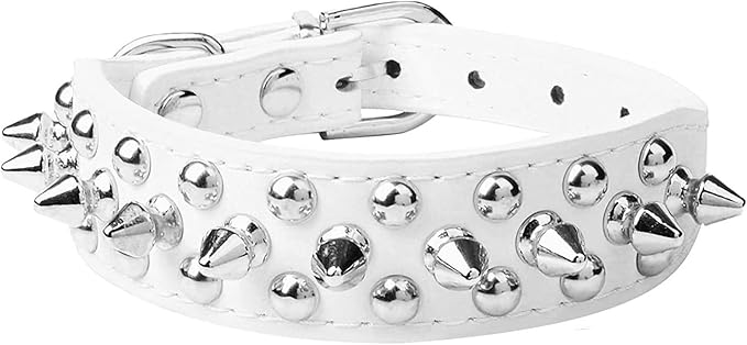 Spiked Dog Collar Soft Pu Leather Mushrooms Rivet Spike Studded Puppy Adjustable Pet Collars for Small Breeds (L, White)