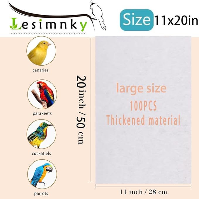 100pcs Bird Cage Liner Papers,11×20in Big Size Disposable Non-Woven Cage Paper Liners Precut Absorbent Cushion Pad Mat Accessories for Pet Bird Parrot