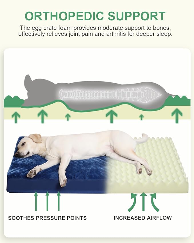 KSIIA Orthopedic Dog Crate Bed Waterproof Dog beds for Extra Large Dogs Deluxe Plush Washable Pet Mat with Egg Crate Foam & Removable Cover, 47 x 29 Inch, Blue