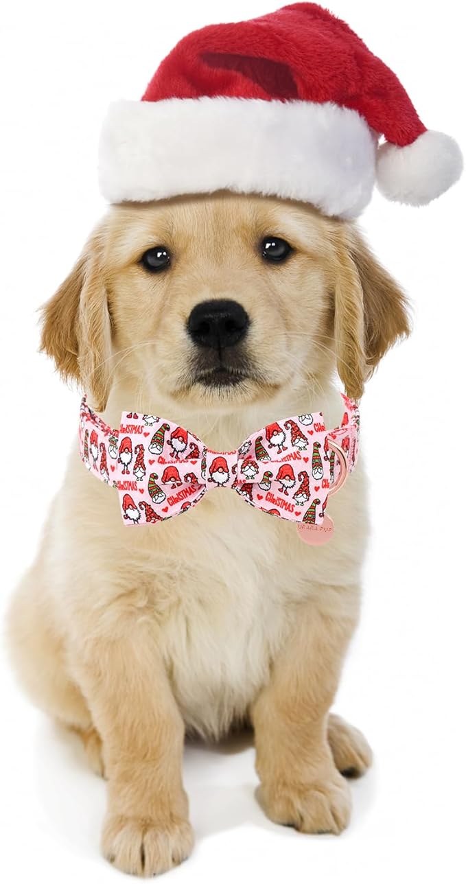 Christmas Dog Collar with Bow Tie, Cotton Christmas Bowtie Collar for Medium Girl Boy Dog, Comfortable Dog Collar Bowtie with Durable Metal Buckle, Adorable Pet Collar,L,Neck 16-24in