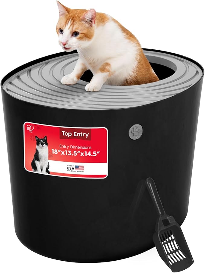 IRIS USA Cat Litter Box, Large Top Entry with Litter Catching Lid and Scoop, Dog Proof, Cat Box Enclosure, Black/Gray