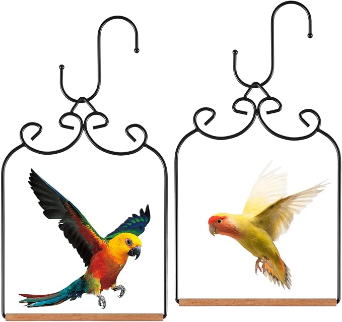 2 Pack Hummingbird Swings and Perches, Metal Frame Bird Swing with 2 Replacement Wooden Dowels and Iron S Hooks, Black Bird Swing for Hanging Indoor, Outdoor, Trunk, Lawn, Patio, Garden(Black)