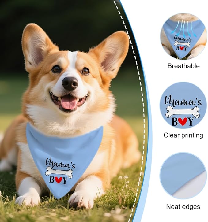 Mama's Boy Funny Dog Bandana, Valentine's Day Dog Bandana, Blue Boy Pet Scarf Accessories for Birthday Party Gender Reveal, New Pet Gifts, Mothers Day Birthday Gifts for Dogs Lovers Mom