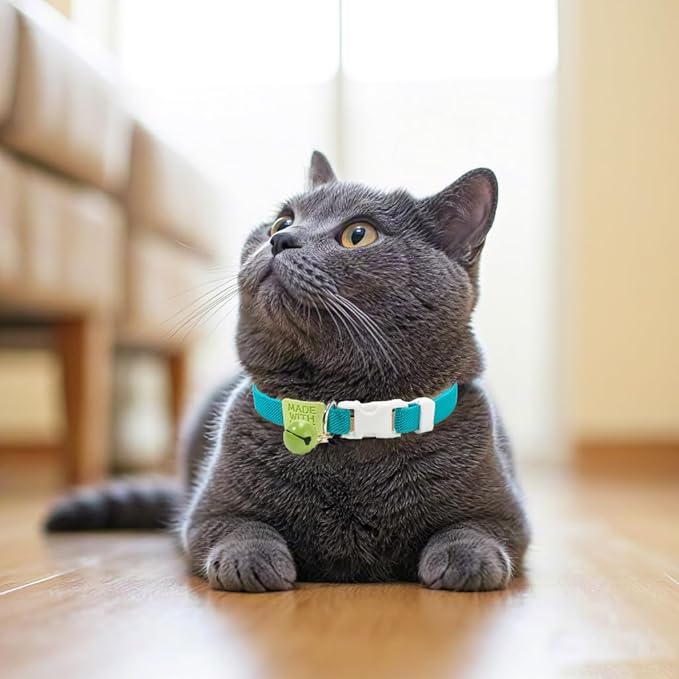 Elastic Cat Collar 2 Pack of Safety Quick Release Cat Collars with Bell Anti-Suffocation Kitten Puppy Collars(Green+Blue)