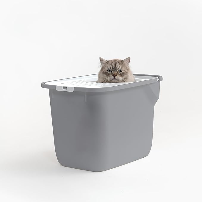 IRIS USA Cat Litter Box, Large Cat Box Enclosure, Top Entry with Litter Catching Lid, Enclosed, Gray/White
