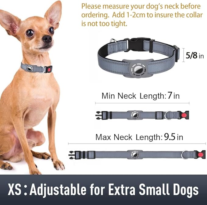 Airtag Dog Collar with AirTag Holder for Puppy Small Dogs, Reflective, Soft Padded & Safety Locking Buckle, Nylon Pet Collars Adjustable for All Breeds, Grey,XS