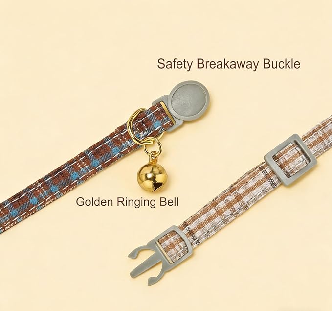 Cotton Bowtie Cat Collar with Bell 2 Pack Plaid Breakaway Kitten Collars with Removeable Bunny Ear Bow(Amber+Beige)