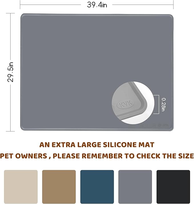 Dog Food Mat, 39.4×29.5in Extra Large Silicone Pet Feeding Mat - Waterproof, Non - Slip, Chew - Resistant for Food & Water, Protect Floors (Light Gray)