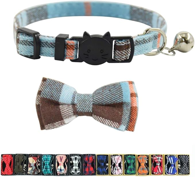 Cat Collar Breakaway with Bell and Bow Tie, Plaid Design Adjustable Safety Kitty Kitten Collars(6.8-10.8in) (Light Blue&Brown)