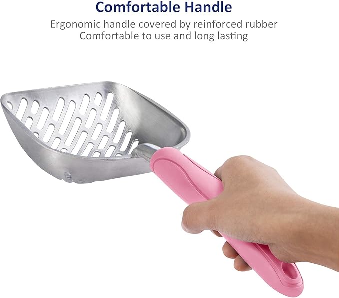 WePet Cat Litter Scoop, Aluminum Alloy Sifter, Kitty Metal Scooper, Deep Shovel with Diagonal Sifting Hole, Long Handle, Kitten Poop Lifter for Litter Box, Medium Size, Pink Handle