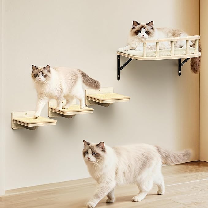17" × 13" Large Cat Wall Shelves- Wall Climber Wooden Furniture Cat Shelf with Cushion and 3 Wide Perch Steps for Large Cats and Kittens Sleeping, Playing, Climbing
