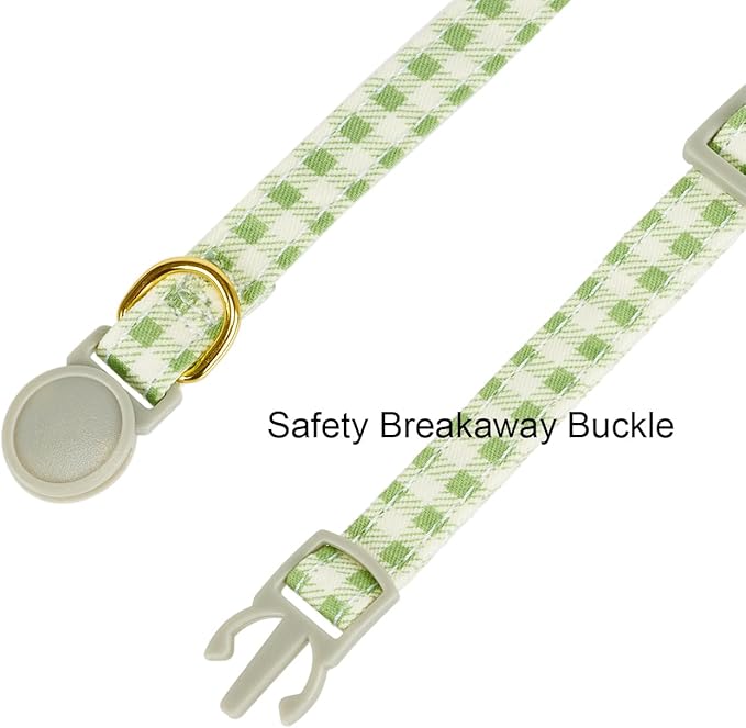 Bowtie Cat Collar with Bell, 2 Pack Cotton Breakaway Kitten Collars with Removeable Bow Stylish Cat Collars, Floral Green & Plaid