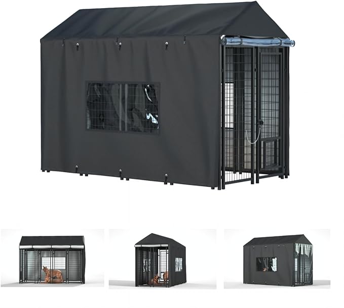 Outdoor Dog Kennel Cover - Full Coverage for 8.1'Dx4.1'Wx6'H Dog Cages, Outdoor Dog Kennel Insulation Cover, with Transparent Window and Fleece Insulation Lining, Black（Excluding Dog kennels）