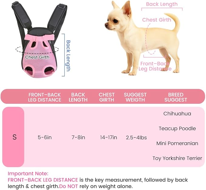 Dog Backpack Carrier, Thick Straps & Cushion, Pet Sling Front Backpacks for Small Medium Dogs 2.5-4 Lbs, Legs Out, Adjustable Wearable Puppy Chest Travel Bag, Easy-Fit for Hiking/Walking/Camping