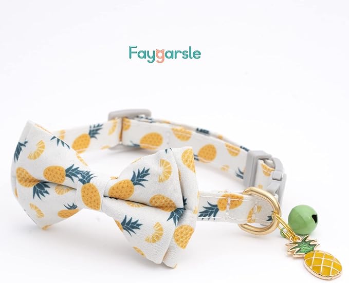 Faygarsle 2 Pack Cute Cat Collar With Bell Breakaway Bowtie for Male Female Cats - Soft Fancy Orange Yellow Pineapple Pattern Summer Collar for Boy Girl Cats