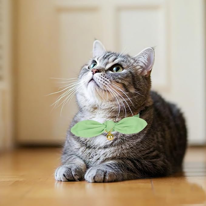 Bunny Ear Cat Collar with Bell and Bow Tie, Breakaway Cute Bowtie Kitten Collars(Grass Green)