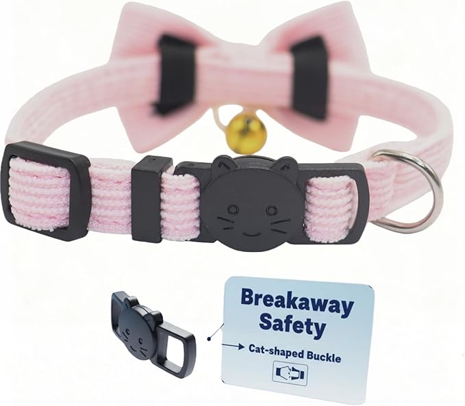 THAIN Cat Collar with Bow Tie and Bell, Breakaway Adjustable Cute Soft Corduroy Kitten Collars Safety Buckle for Girl Cats(Solid Pink)