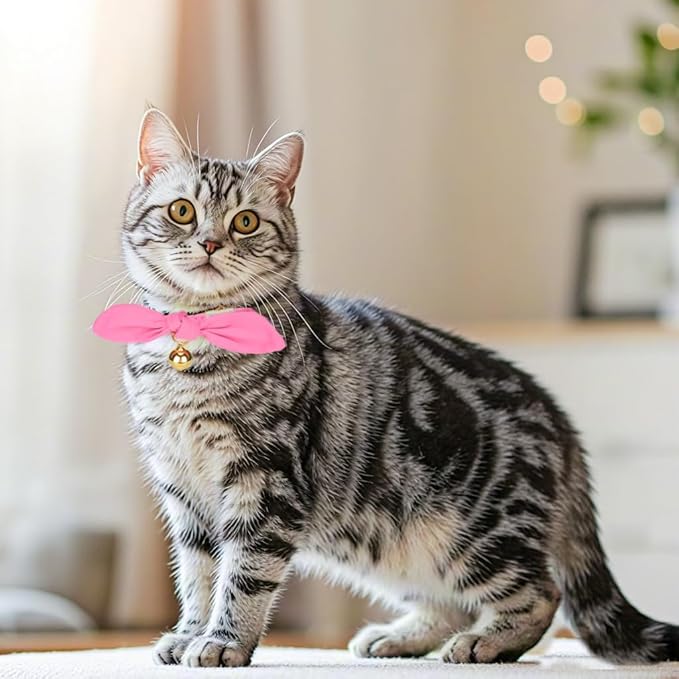 Bunny Ear Cat Collar with Bell and Bow Tie, Breakaway Cute Bowtie Kitten Collars(Hot Pink)