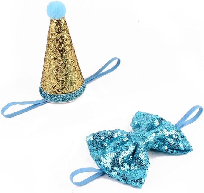 CheeseandU Pet Cute Birthday Party Cone Hat and Bow tie Collar Set with Adjustable Headband and Pom-poms Topper for Small Medium Dogs Cats Pets Valentines Day Hat Collar Costume, Blue