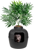 Good Pet Stuff Hidden Litter Box Planter, Decorative Cat Litter Enclosure with Carbon Filter, Artificial Plant, Easy Clean, Indoor Design, Original Round Style, Base Kit, Black Suede