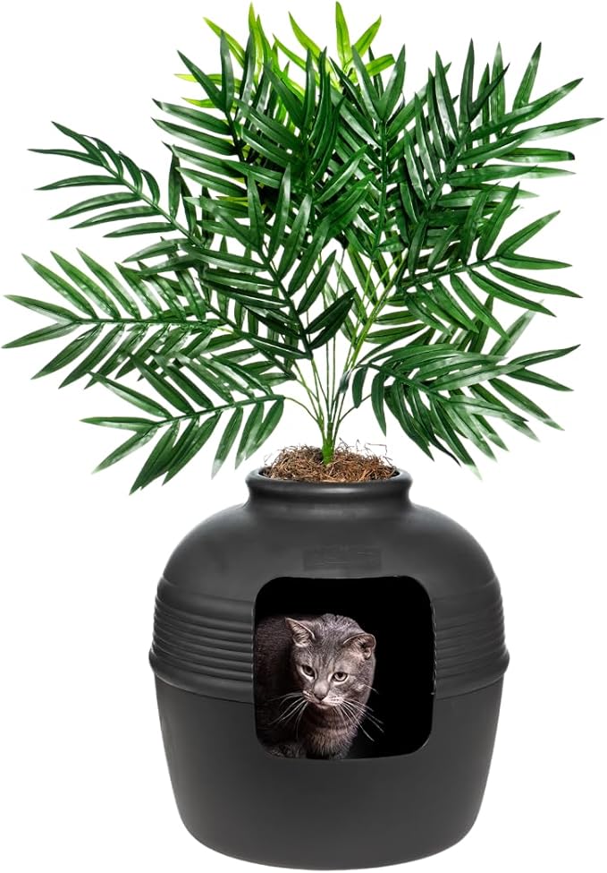Good Pet Stuff Hidden Litter Box Planter, Decorative Cat Litter Enclosure with Carbon Filter, Artificial Plant, Easy Clean, Indoor Design, Original Round Style, Base Kit, Black Suede