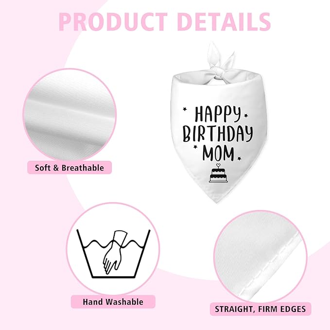 Happy Birthday Mom Dog Bandana Dog Funny White Happy Birthday Bandana for Dogs Photo Prop Pet Scarf Accessories for Pet Lovers Mom Gifts