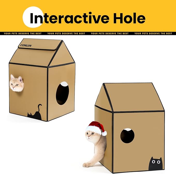 Cardboard Cat House with Scratch Pad & Catnip, Cat Play Scratching House for Indoor Hideaway Furniture, Heavy Duty Sturdy Cardboard Scratcher, Easy to Assemble Birthday Gift, Medium